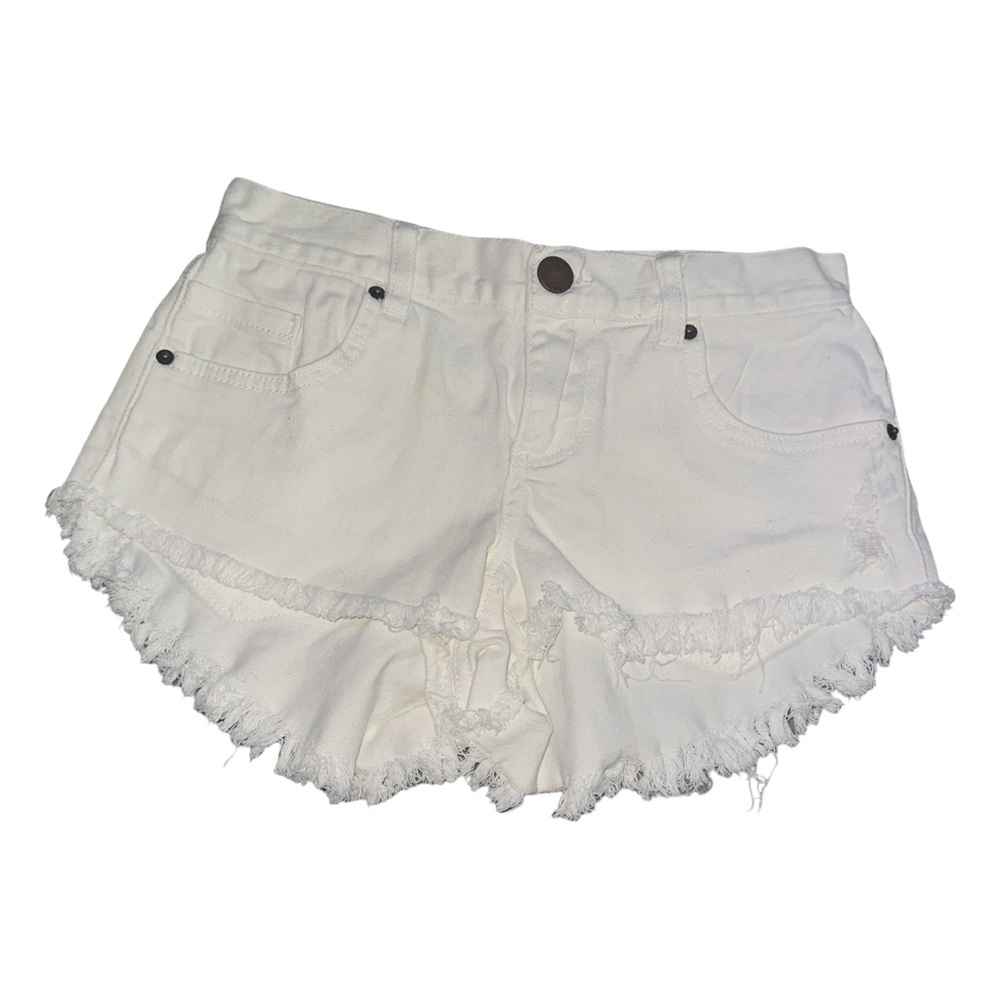 ONEILL White denim shorts with frayed hem and lace trim